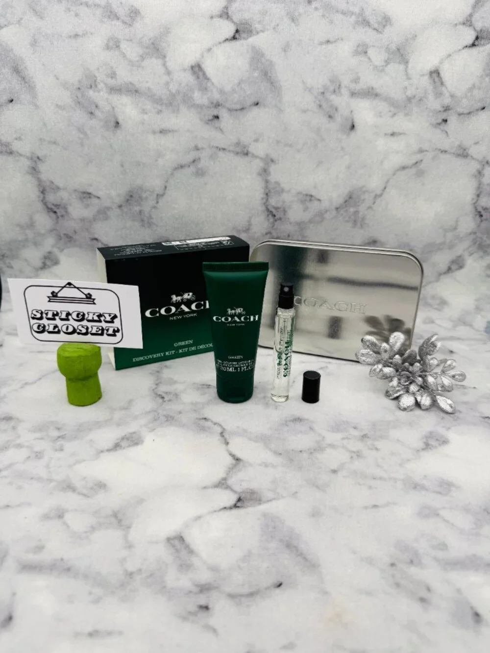 Coach Green EDT Discovery Kit-Metal Box,Shower Gel 30ml&Mini Spray 7.5ml-2pc-NEW
